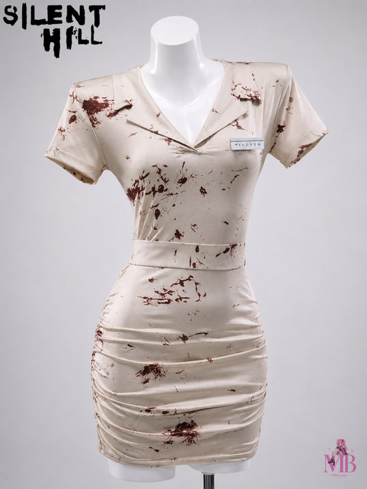 Silent Hill 2 Bubble Head Nurse cosplay costume front view with fitted blood-splattered nurse dress