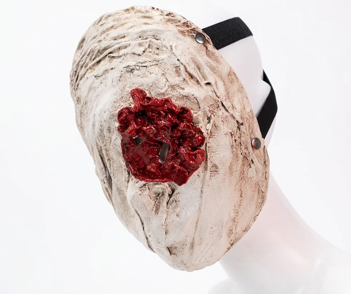 Silent Hill 2 Bubble Head Nurse cosplay mask with distressed horror detailing and black elastic straps