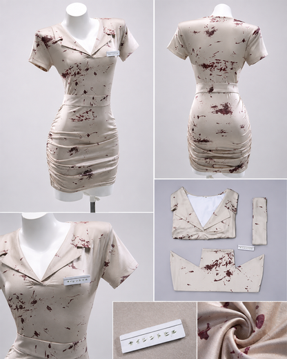 Silent Hill 2 Bubble Head Nurse costume details showing front, back, nurse dress, hat, badge and fabric