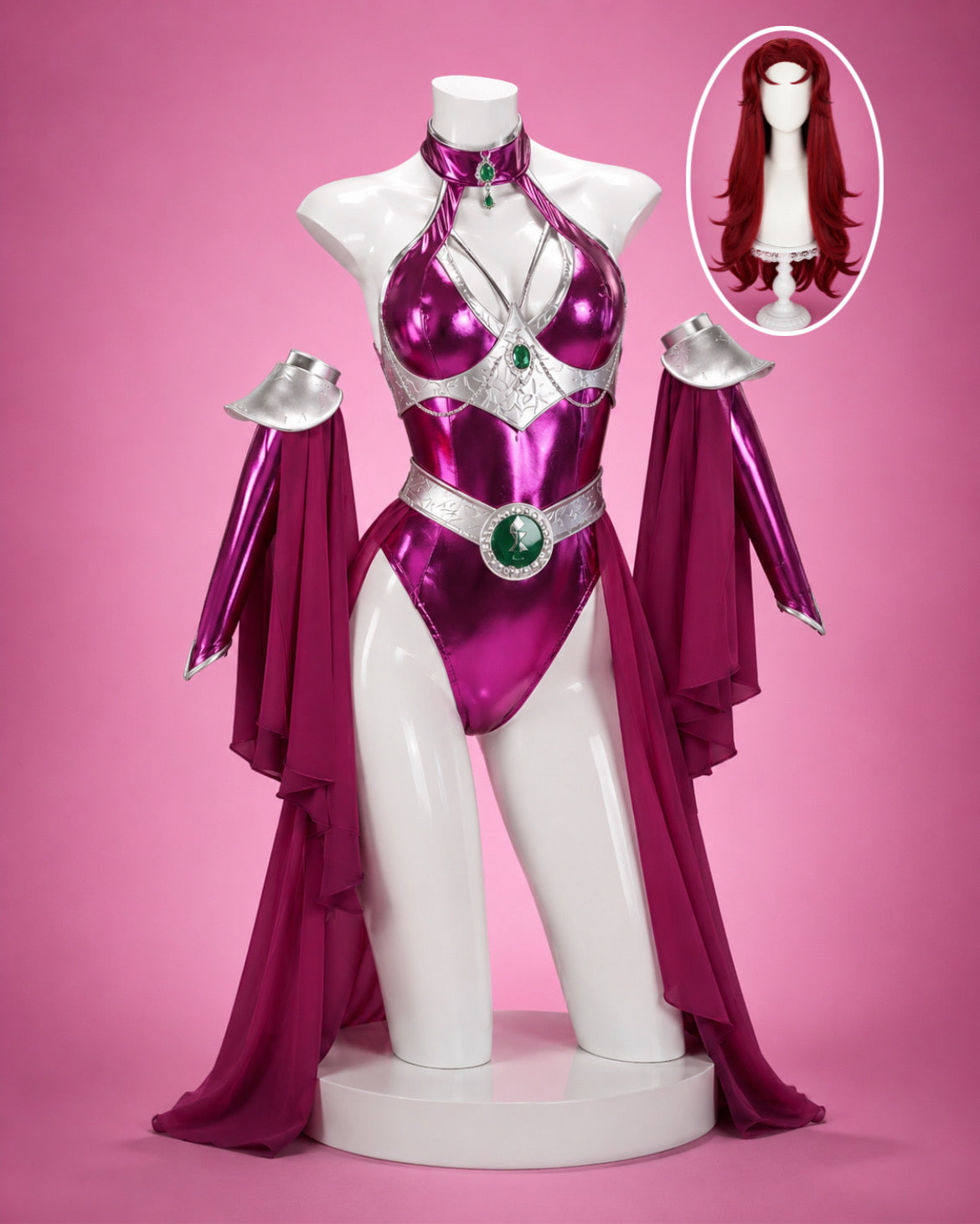 Starfire Teen Titans Cosplay Costume & Wig set showing and red wig set