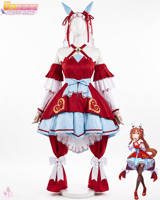 Still in Love Cosplay Costume - Uma Musume: Pretty Derby Racing Uniform & Wig red and pale-blue racing uniform front view