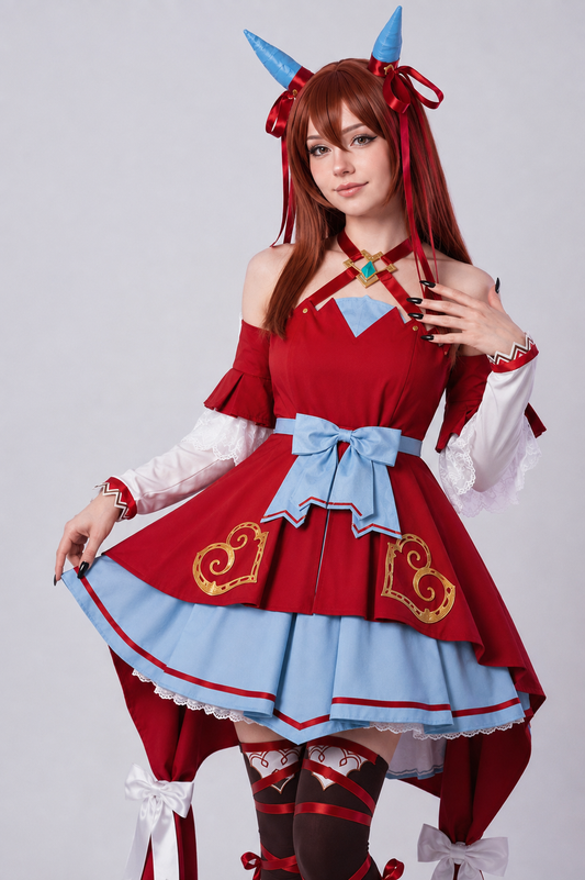 Still in Love cosplay costume from Uma Musume: Pretty Derby featuring the red and blue racing uniform on a model