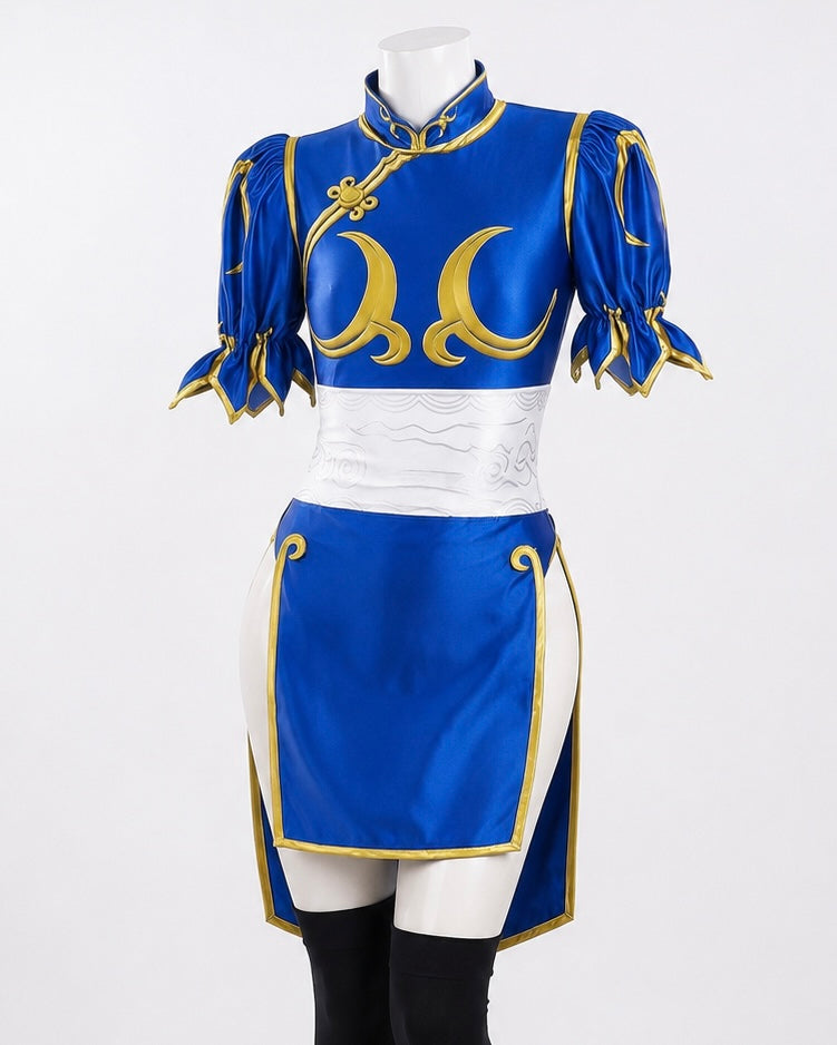 Classic blue qipao costume front view for Street Fighter Chun-Li Cosplay costume – Classic Blue Qipao