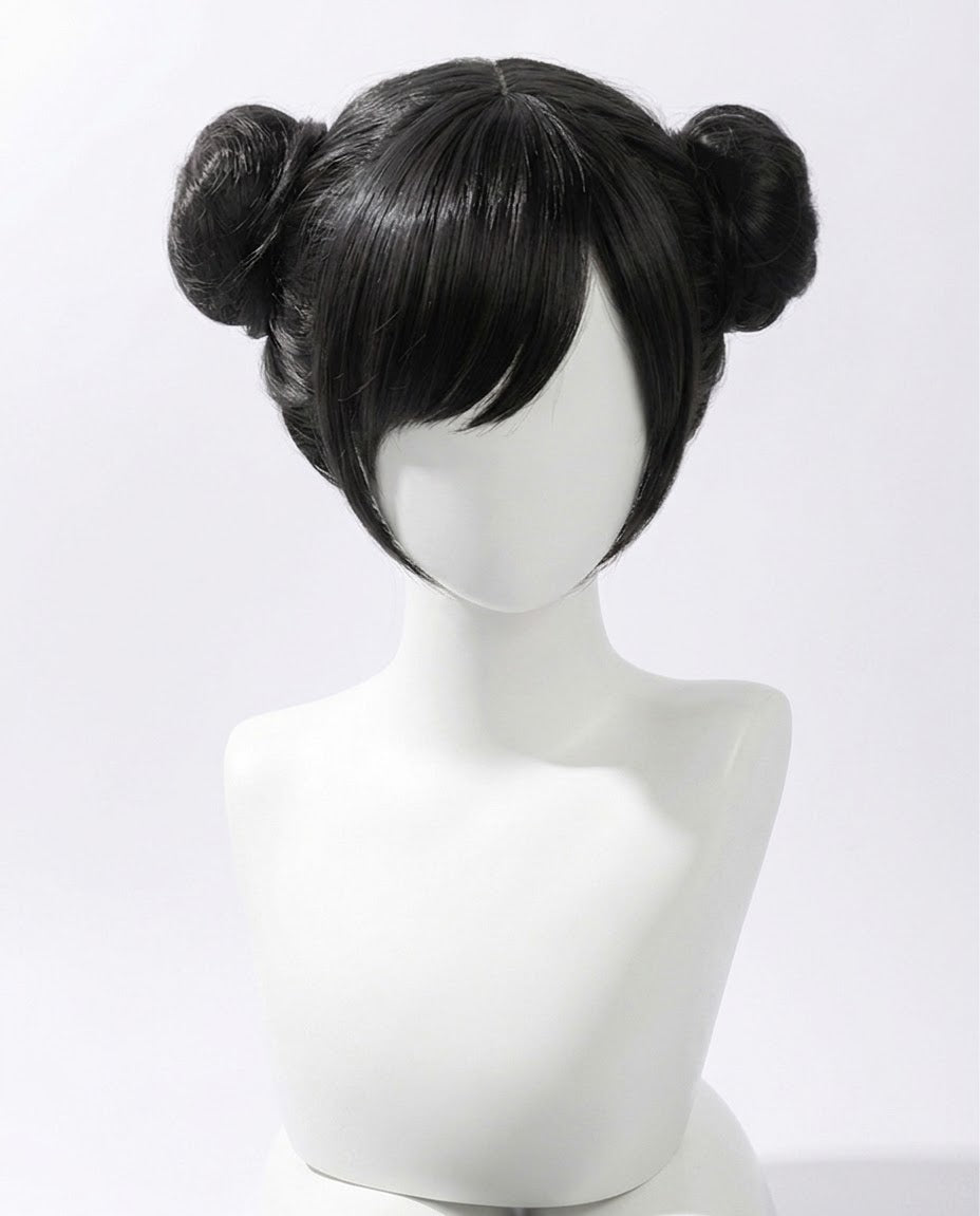 Black double bun chun li cosplay wig on mannequin for Street Fighter Chun-Li Cosplay Wig