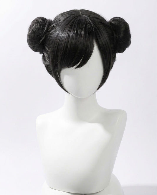 Black double bun chun li cosplay wig on mannequin for Street Fighter Chun-Li Cosplay Wig