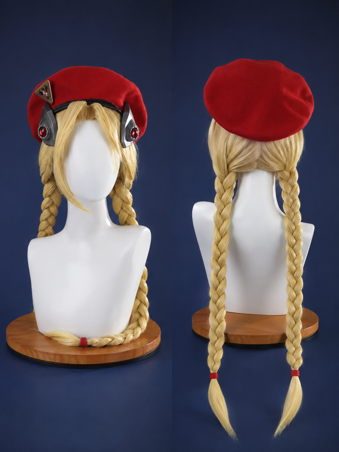 Street Fighter Widowmaker Cosplay Costume – Full Set blonde braided wig with red beret shown front and back