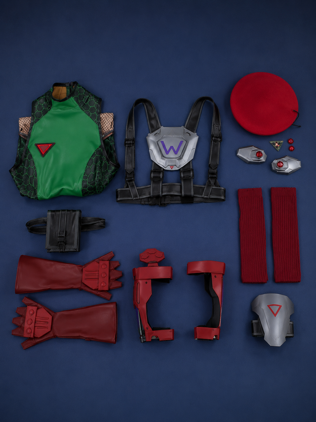 Street Fighter Widowmaker Cosplay Costume – Full Set green bodysuit accessories and beret flat lay
