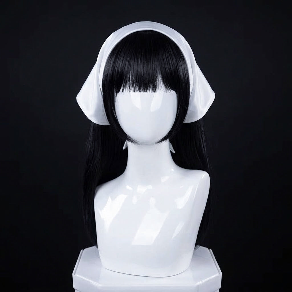 Long straight black Sua cosplay wig with blunt fringe and white Zombie Stage headpiece displayed on a mannequin
