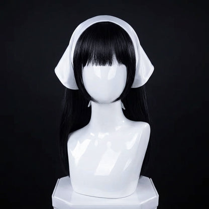 Long straight black Sua cosplay wig with blunt fringe and white Zombie Stage headpiece displayed on a mannequin