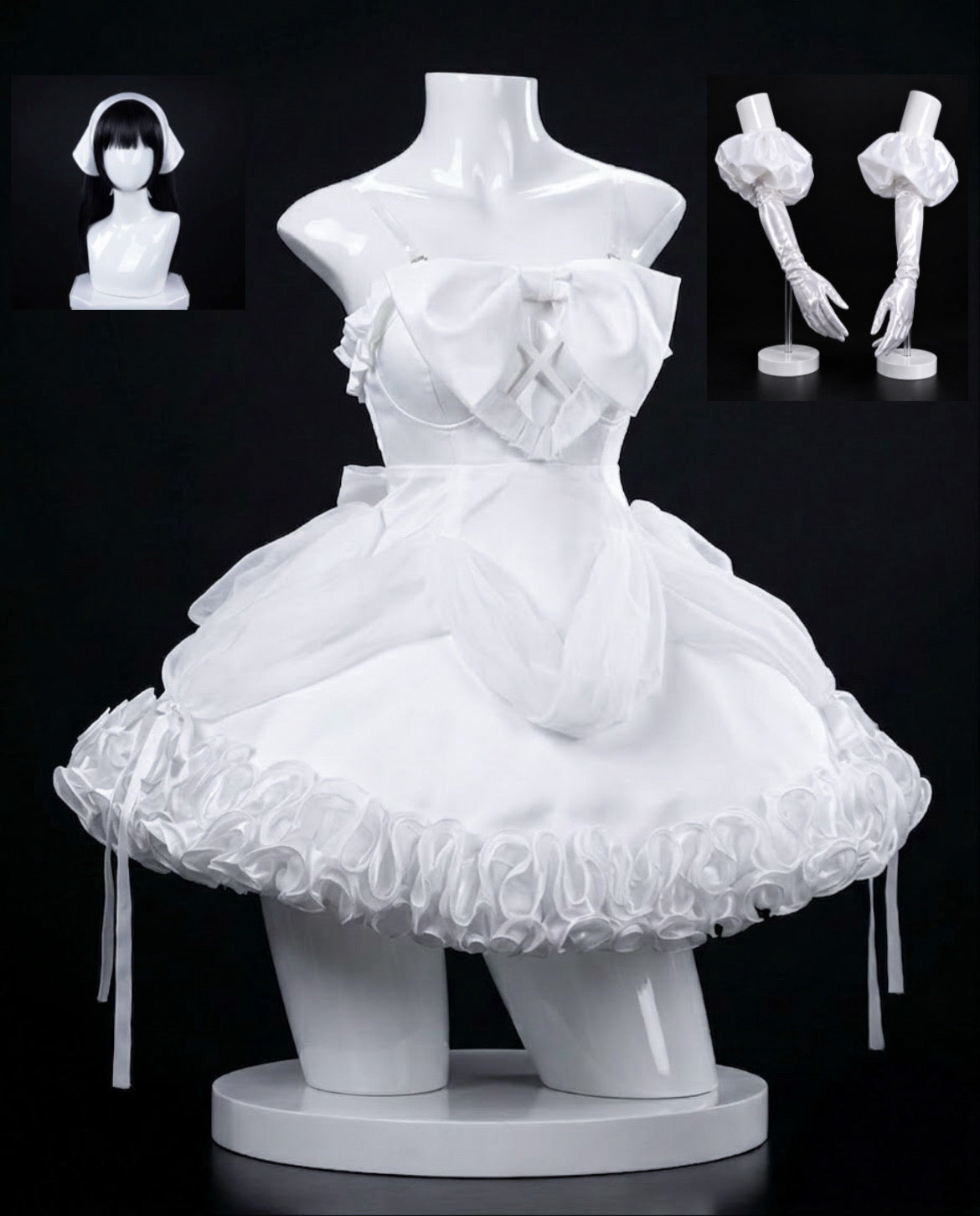Sua Alien Stage Zombie Stage costume set with white dress, long black wig, white headpiece and satin puff sleeves with gloves