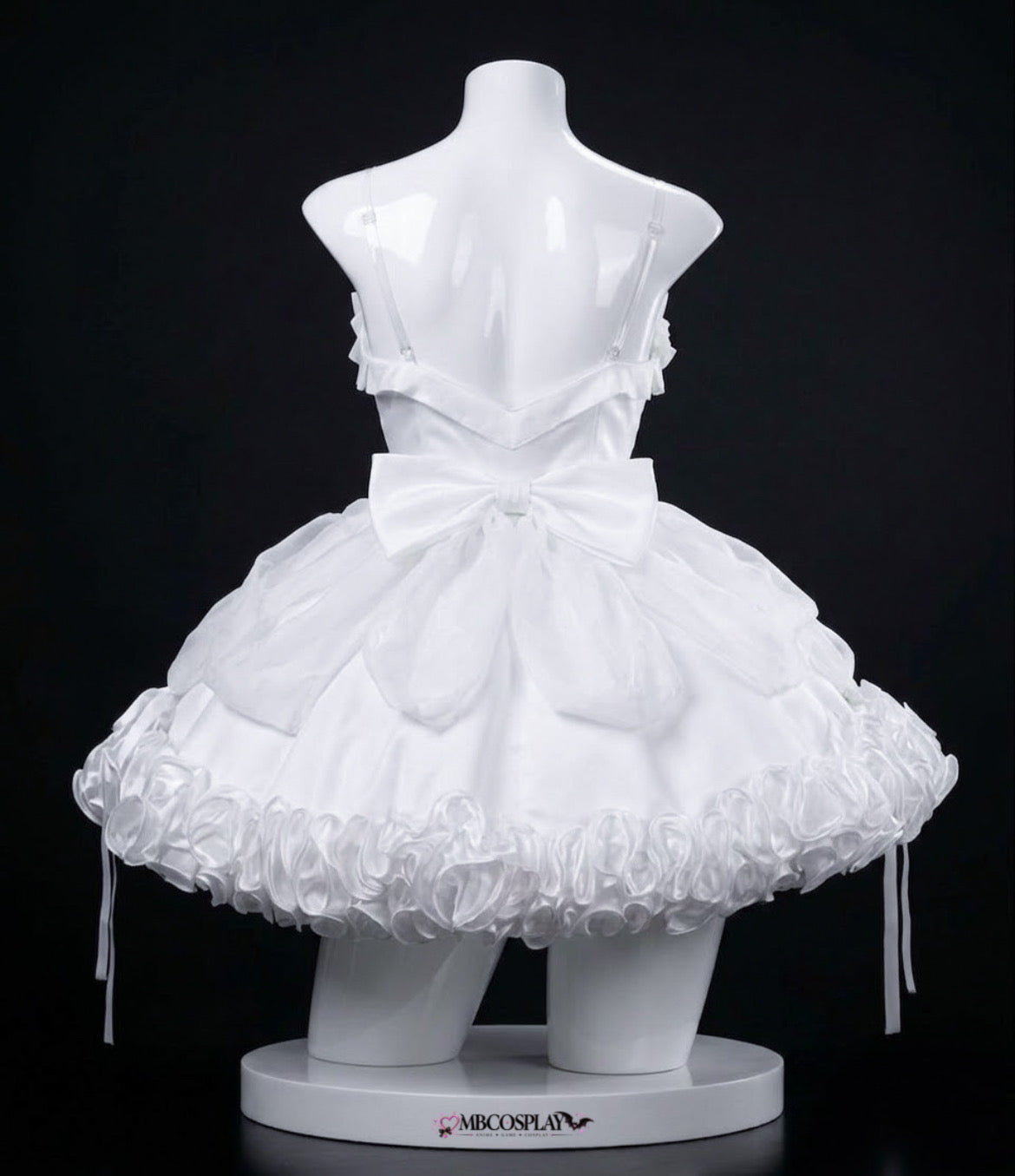 Back view of the Sua Zombie Stage cosplay dress showing slim shoulder straps, a large waist bow and white ruffled hem
