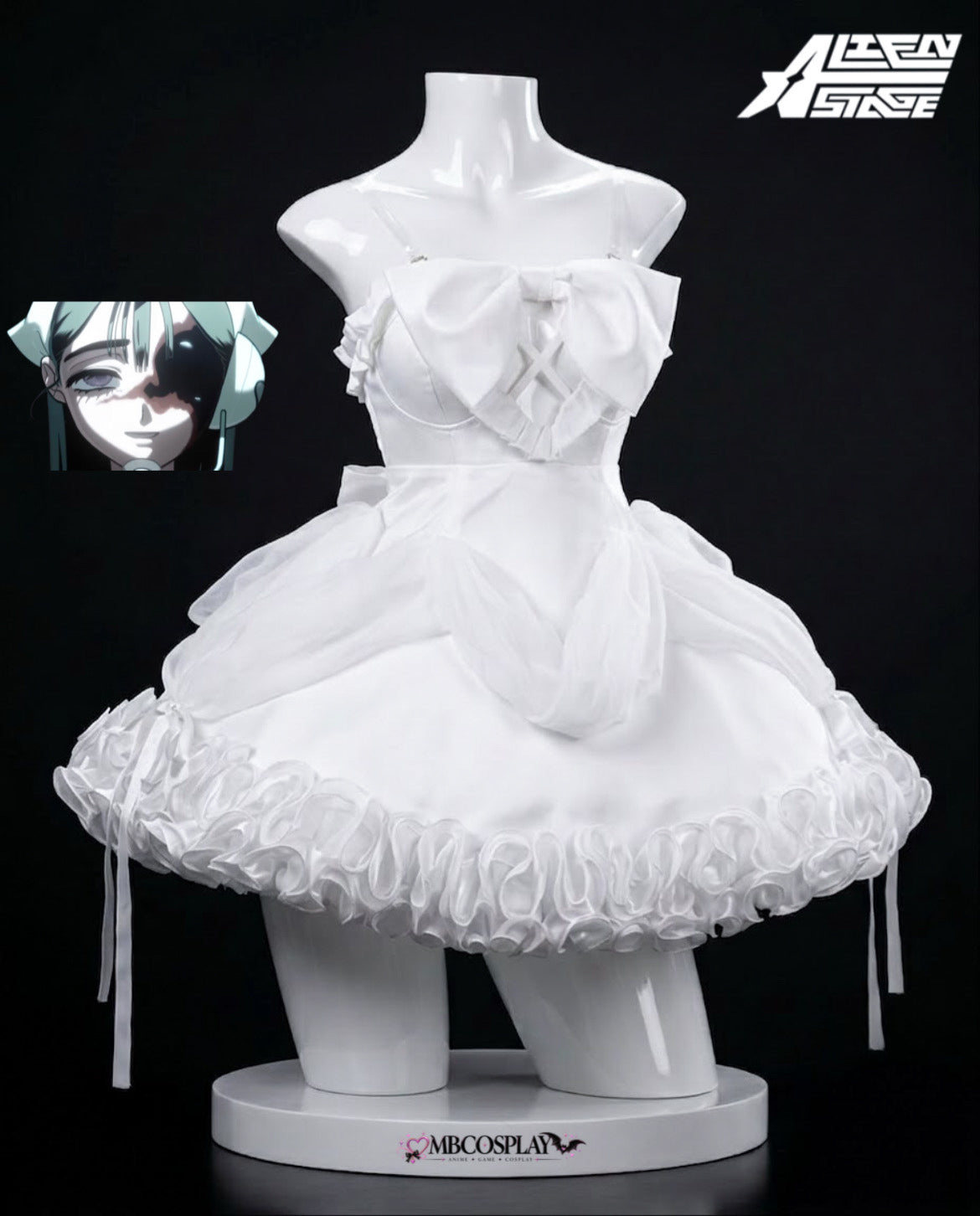 Front view of Sua's Alien Stage Zombie Stage white cosplay dress with oversized bodice bow and full ruffled skirt