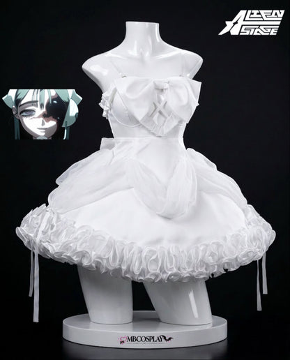 Front view of Sua's Alien Stage Zombie Stage white cosplay dress with oversized bodice bow and full ruffled skirt