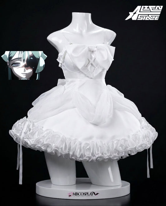 Front view of Sua's Alien Stage Zombie Stage white cosplay dress with oversized bodice bow and full ruffled skirt