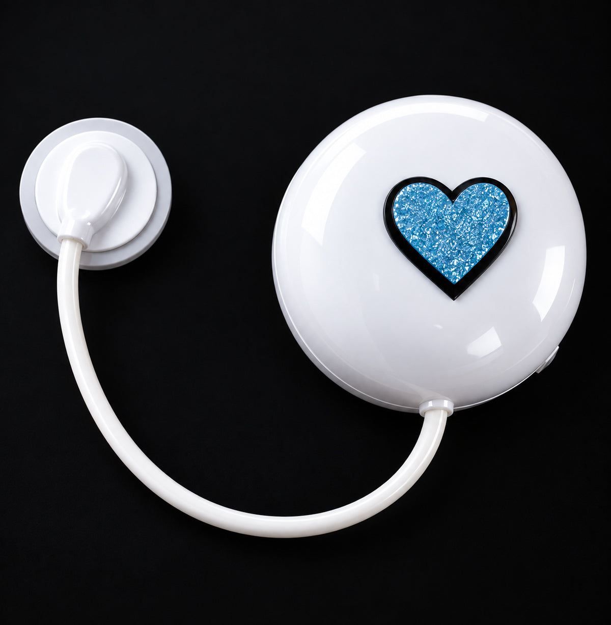 White Sua Zombie Stage headset prop with a blue glitter heart detail for Alien Stage cosplay