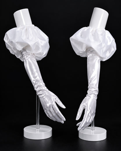 Pair of white satin puff sleeves with long gloves for the Sua Zombie Stage cosplay costume