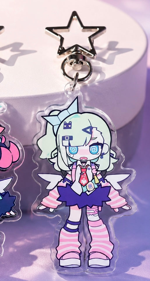 Anime character keychain with a star charm on a white and purple background