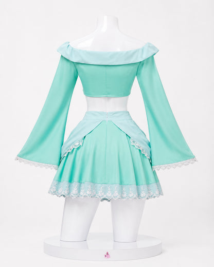 Turquoise off shoulder dress back view for Super Mario Rosalina Cosplay Costume