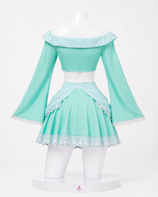 Turquoise off shoulder dress back view for Super Mario Rosalina Cosplay Costume