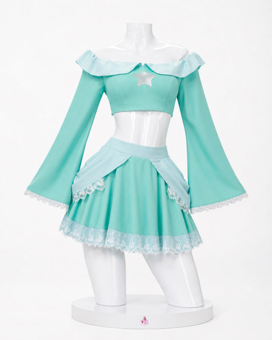 Turquoise off shoulder dress front view for Super Mario Rosalina Cosplay Costume