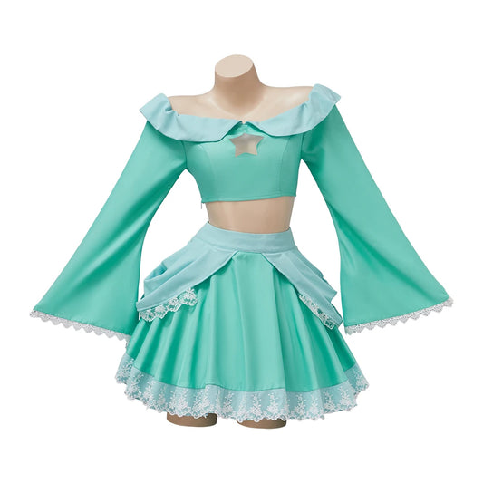 Mannequin wearing a Rosalina alternate cosplay costume. The outfit is a teal two-piece set consisting of an off-shoulder, long-sleeve crop top with a star on the chest, and a matching pleated mini skirt with white lace trim.