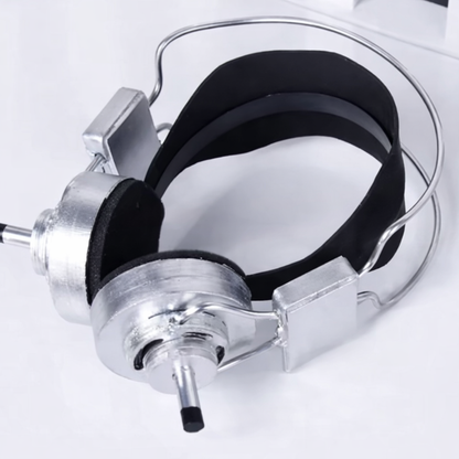 Close-up of a silver and black headset on a white background