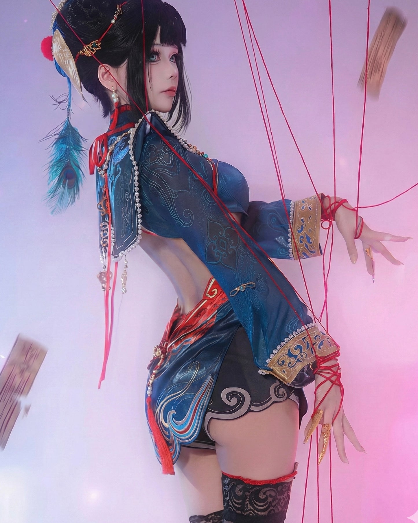 Tessa cute zombie Bladepoint cosplay costume with blue embroidered outfit and red string details