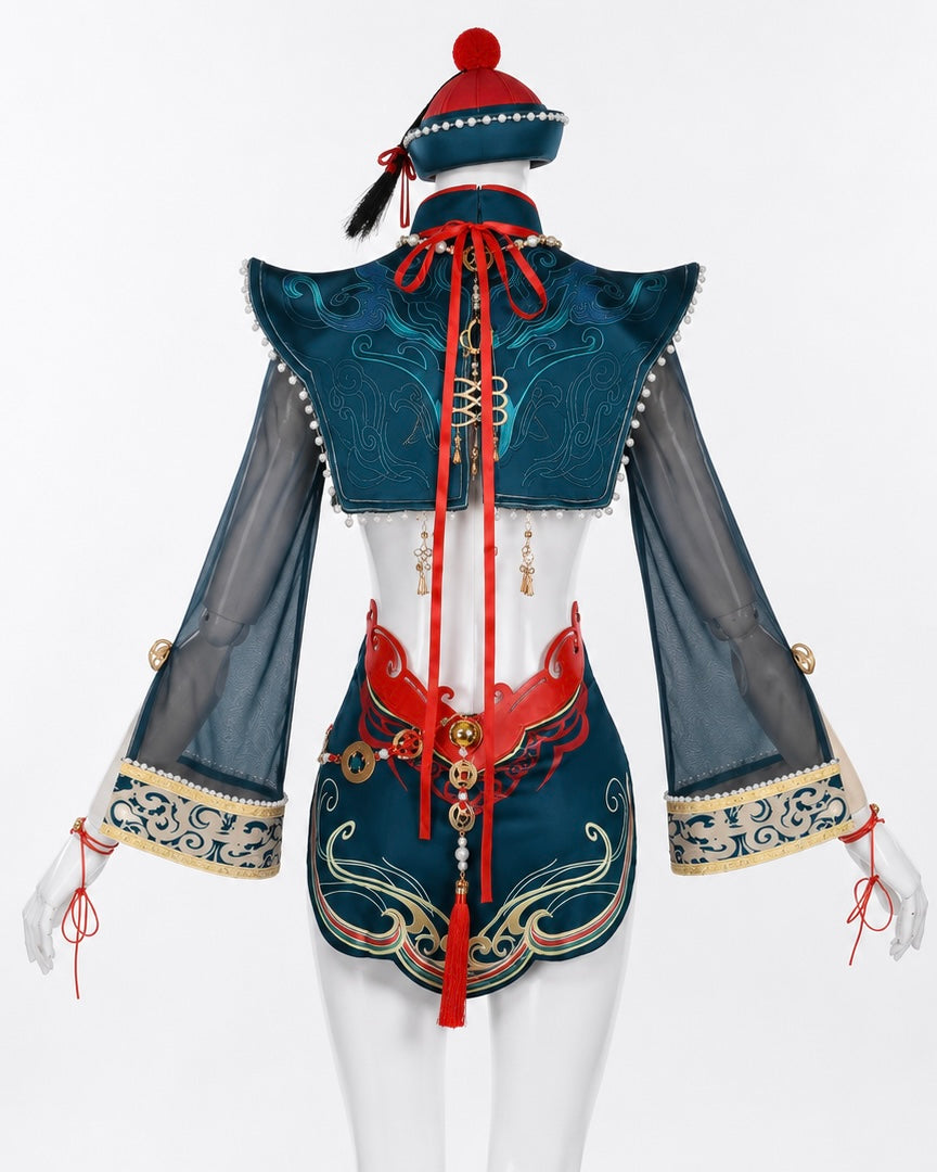 Tessa Cute Zombie NARAKA: BLADEPOINT Cosplay Costume Full Set teal costume back view with red lacing
