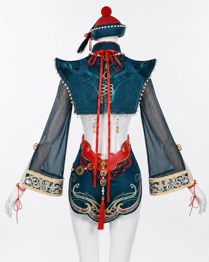 Tessa Cute Zombie NARAKA: BLADEPOINT Cosplay Costume Full Set teal costume back view with red lacing