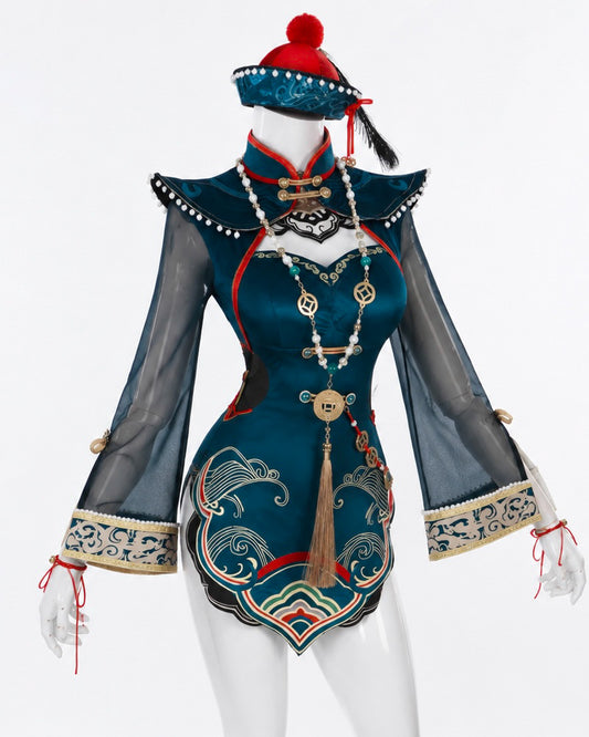 Tessa Cute Zombie NARAKA: BLADEPOINT Cosplay Costume Full Set teal embroidered costume front view without logo