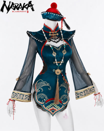 Tessa Cute Zombie NARAKA: BLADEPOINT Cosplay Costume Full Set teal zombie-style embroidered costume front view
