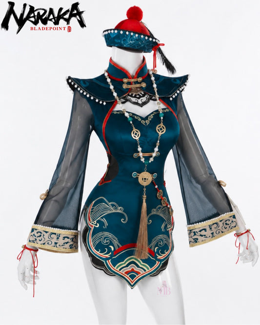 Tessa Cute Zombie NARAKA: BLADEPOINT Cosplay Costume Full Set teal zombie-style embroidered costume front view