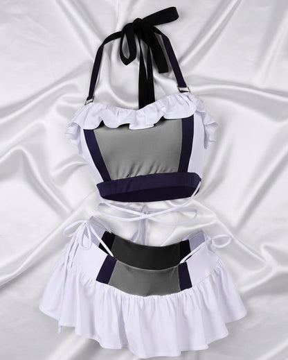 Tifa Lockhart cosplay swimsuit set displayed on invisible mannequin with silk draped background