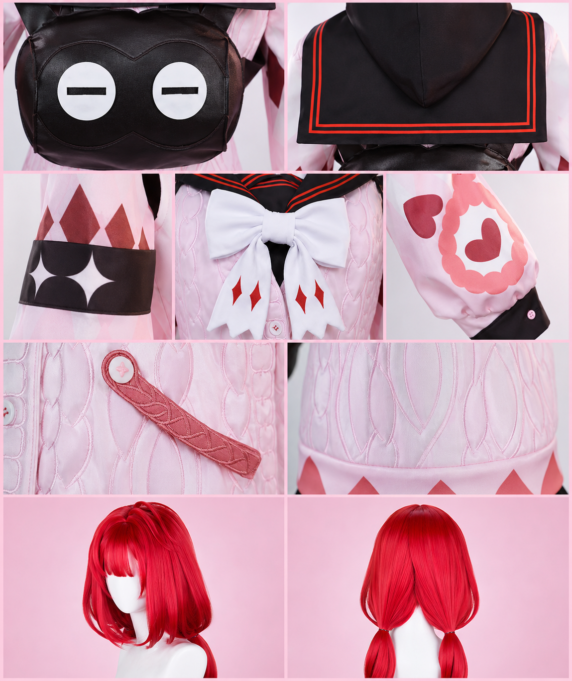 Close-up details of the Ukinami Yuzuha cosplay costume showing embroidered fabric, decorative bow, backpack, hood, sleeves and premium stitching inspired by Zenless Zone Zero.