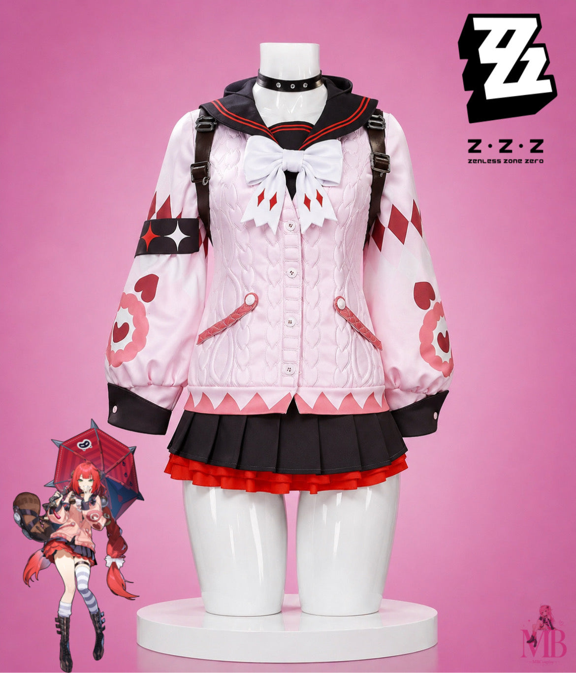 Ukinami Yuzuha cosplay costume from Zenless Zone Zero front view featuring the complete premium outfit with sailor hood, layered skirt, backpack and detailed accessories for anime conventions and cosplay events.