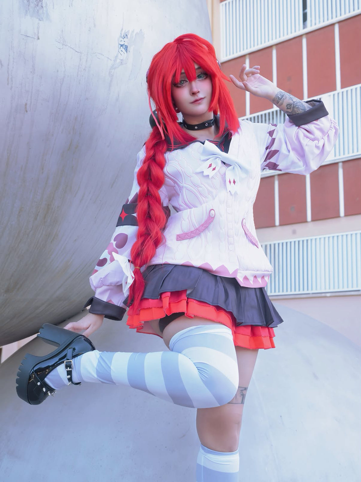 Ukinami Yuzuha cosplay costume from Zenless Zone Zero (ZZZ), featuring the full character outfit and red braided wig, available from MBCosplay.