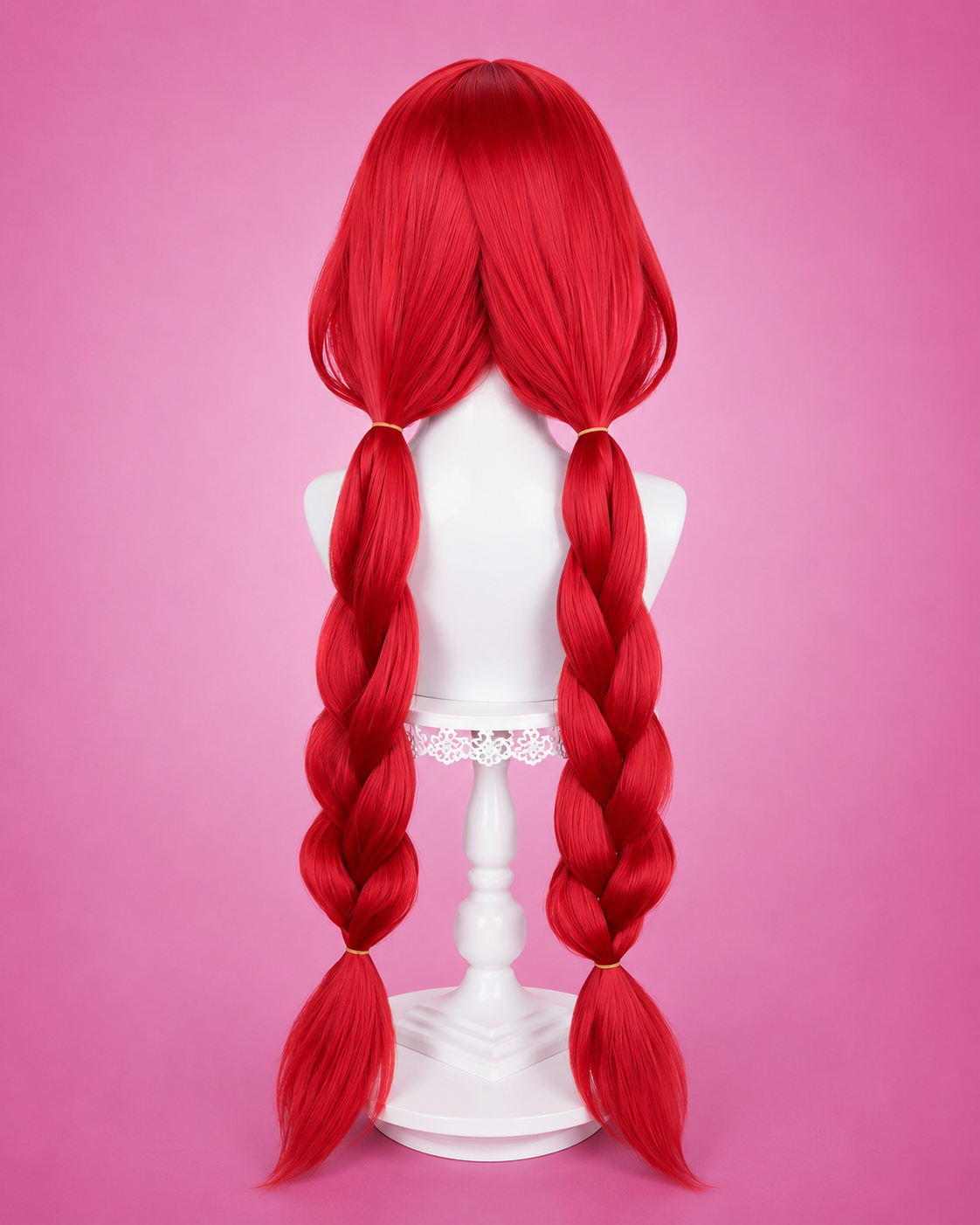 Back view of the Ukinami Yuzuha cosplay wig with long braided twin tails inspired by Zenless Zone Zero for realistic anime cosplay.