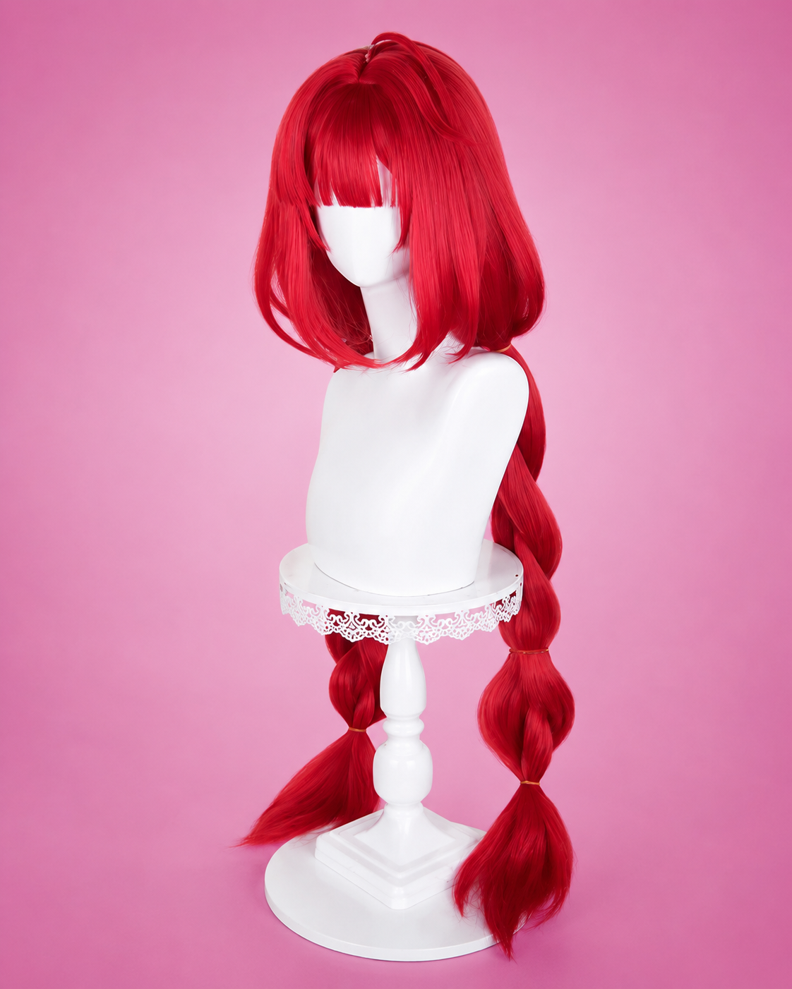 Ukinami Yuzuha red cosplay wig from Zenless Zone Zero featuring long braided twin tails and professionally styled anime hair for cosplay and Comic Con.