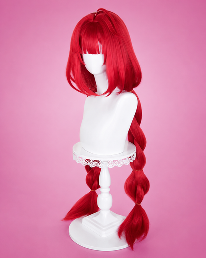 Ukinami Yuzuha red cosplay wig from Zenless Zone Zero featuring long braided twin tails and professionally styled anime hair for cosplay and Comic Con.