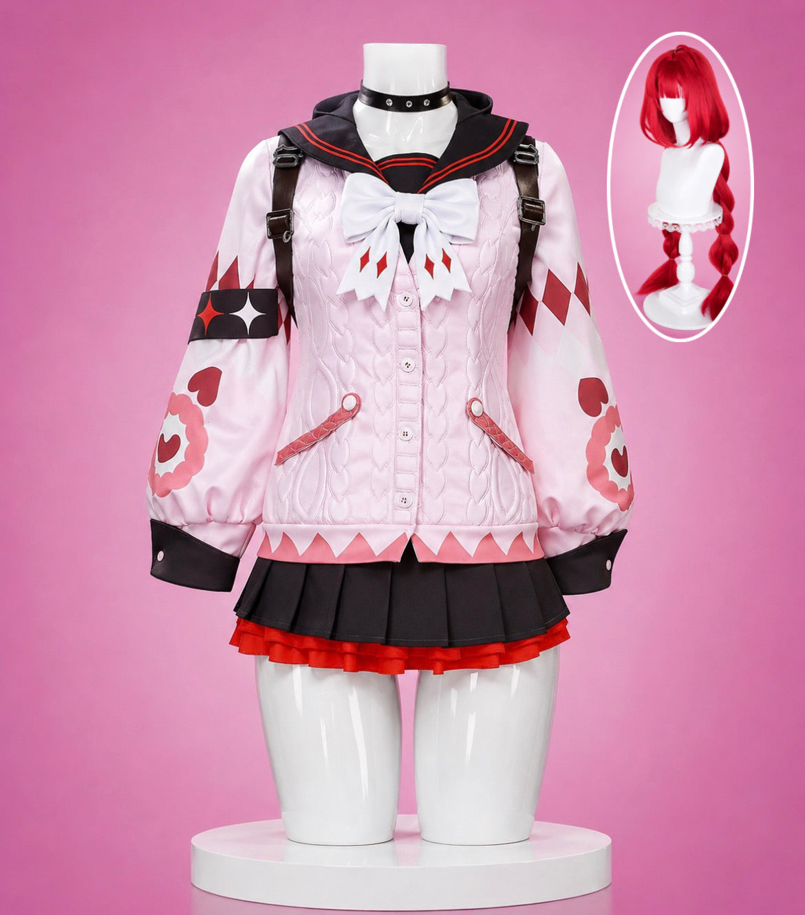 Ukinami Yuzuha Zenless Zone Zero cosplay costume displayed with the coordinating red wig