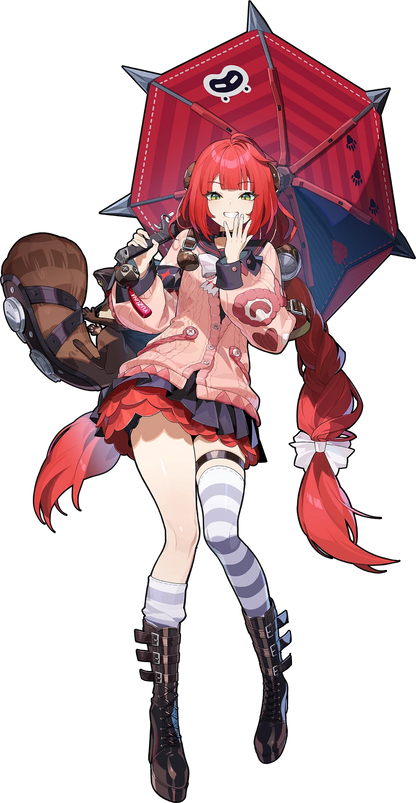 Official full-body artwork of Ukinami Yuzuha from Zenless Zone Zero showcasing her signature pink cardigan, layered skirt, oversized red umbrella, braided red hair and distinctive anime character design.