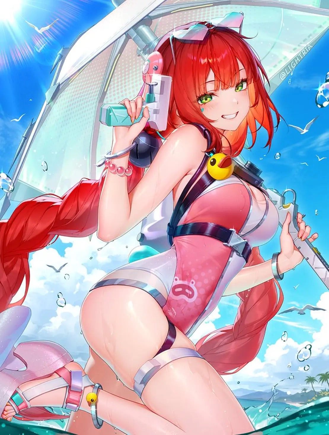 Official character illustration of Ukinami Yuzuha from Zenless Zone Zero in her summer swimsuit skin, showcasing her red hair, water gun, and beach theme for cosplay reference by MBCosplay.