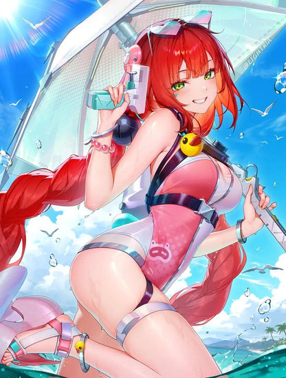 Official character illustration of Ukinami Yuzuha from Zenless Zone Zero in her summer swimsuit skin, showcasing her red hair, water gun, and beach theme for cosplay reference by MBCosplay.