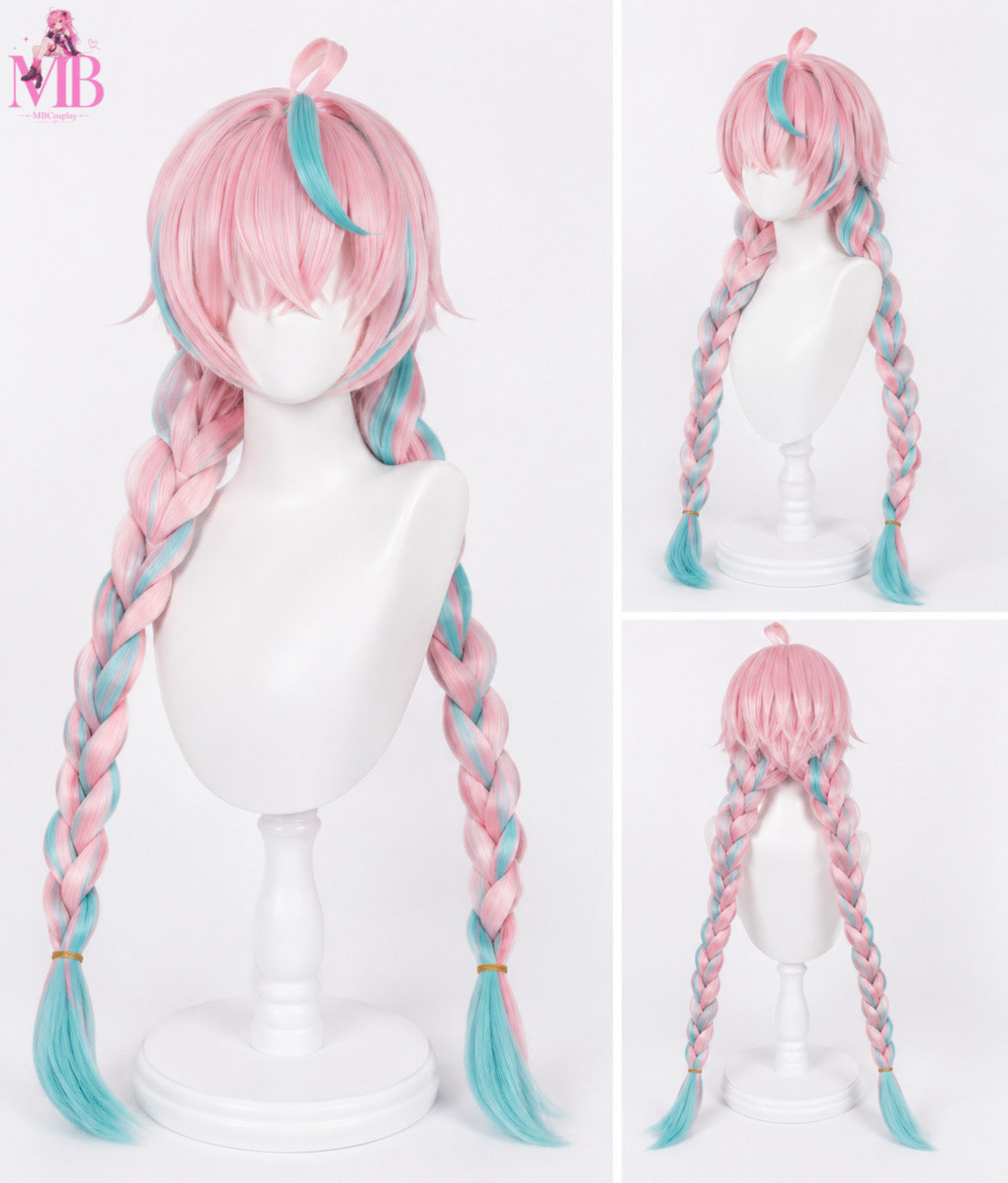 Varesa Genshin Impact 120cm pink and blue cosplay wig with wig cap front view featuring long braided twin tails and premium synthetic fibres.