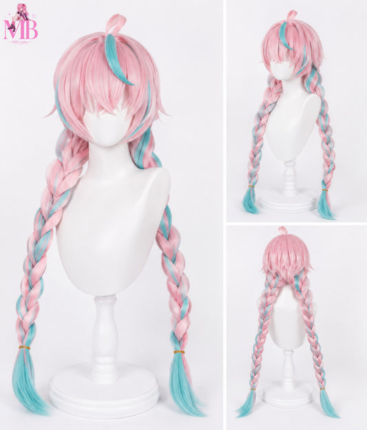 Varesa Genshin Impact 120cm pink and blue cosplay wig with wig cap front view featuring long braided twin tails and premium synthetic fibres.