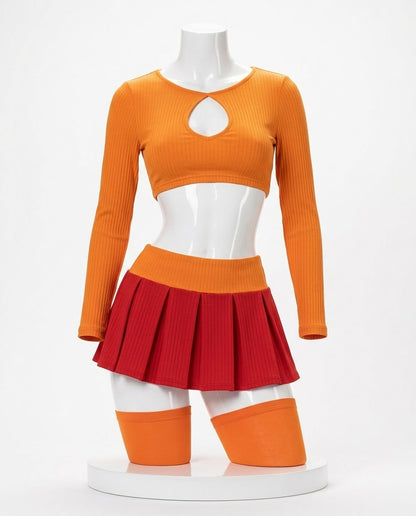 Orange Crop Top & Red Skirt orange crop top and red skirt costume front view for Velma and Daphne Cosplay Costume – Orange Crop Top & Red Skirt