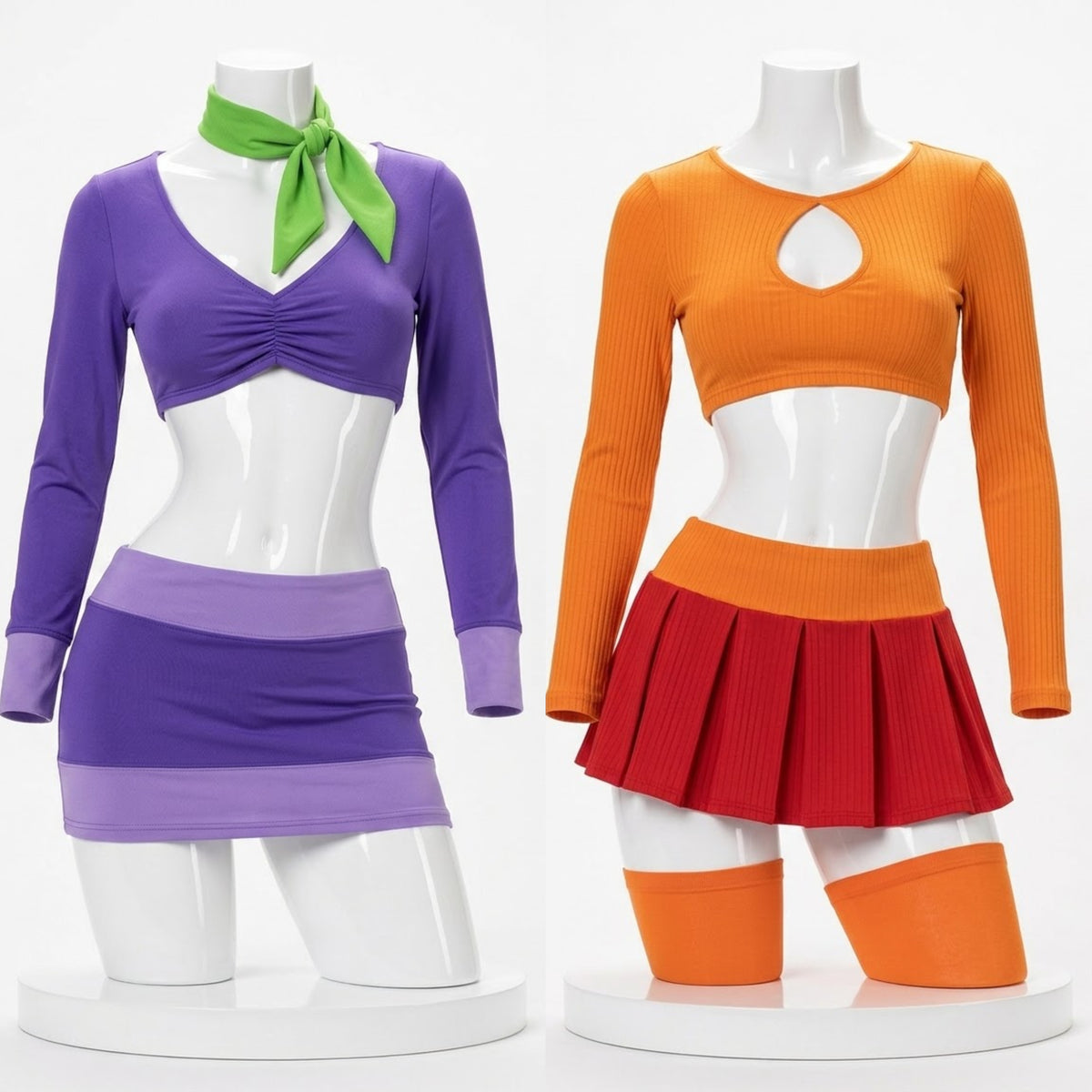Velma and Daphne Cosplay Costume – Orange Crop Top & Red Skirt Velma and Daphne purple and orange crop-top costume sets