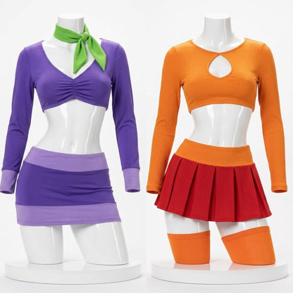 Velma and Daphne Cosplay Costume – Orange Crop Top & Red Skirt Velma and Daphne purple and orange crop-top costume sets