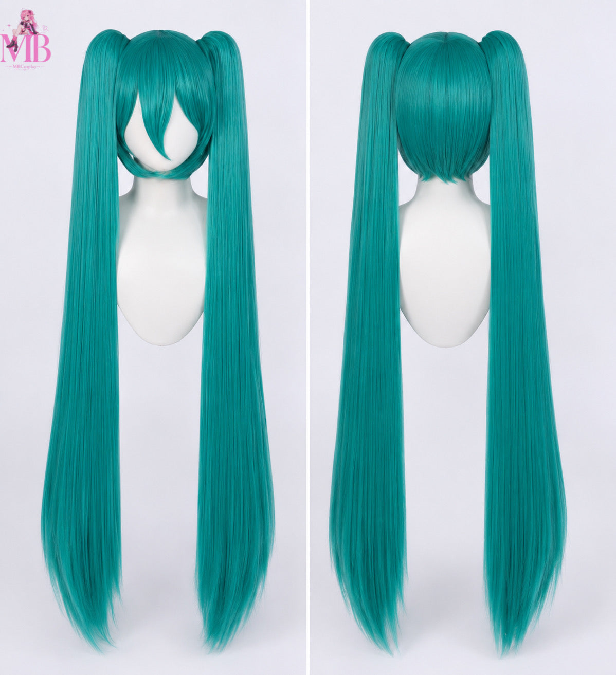Vocaloid Hatsune Miku cosplay wig front view featuring extra-long turquoise twin tails, full fringe and premium heat-resistant synthetic fibres, displayed on a white mannequin in a professional studio for anime cosplay.