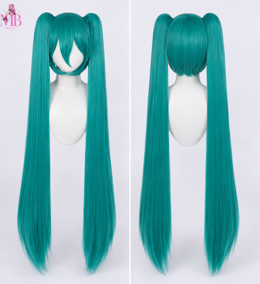 Vocaloid Hatsune Miku cosplay wig front view featuring extra-long turquoise twin tails, full fringe and premium heat-resistant synthetic fibres, displayed on a white mannequin in a professional studio for anime cosplay.